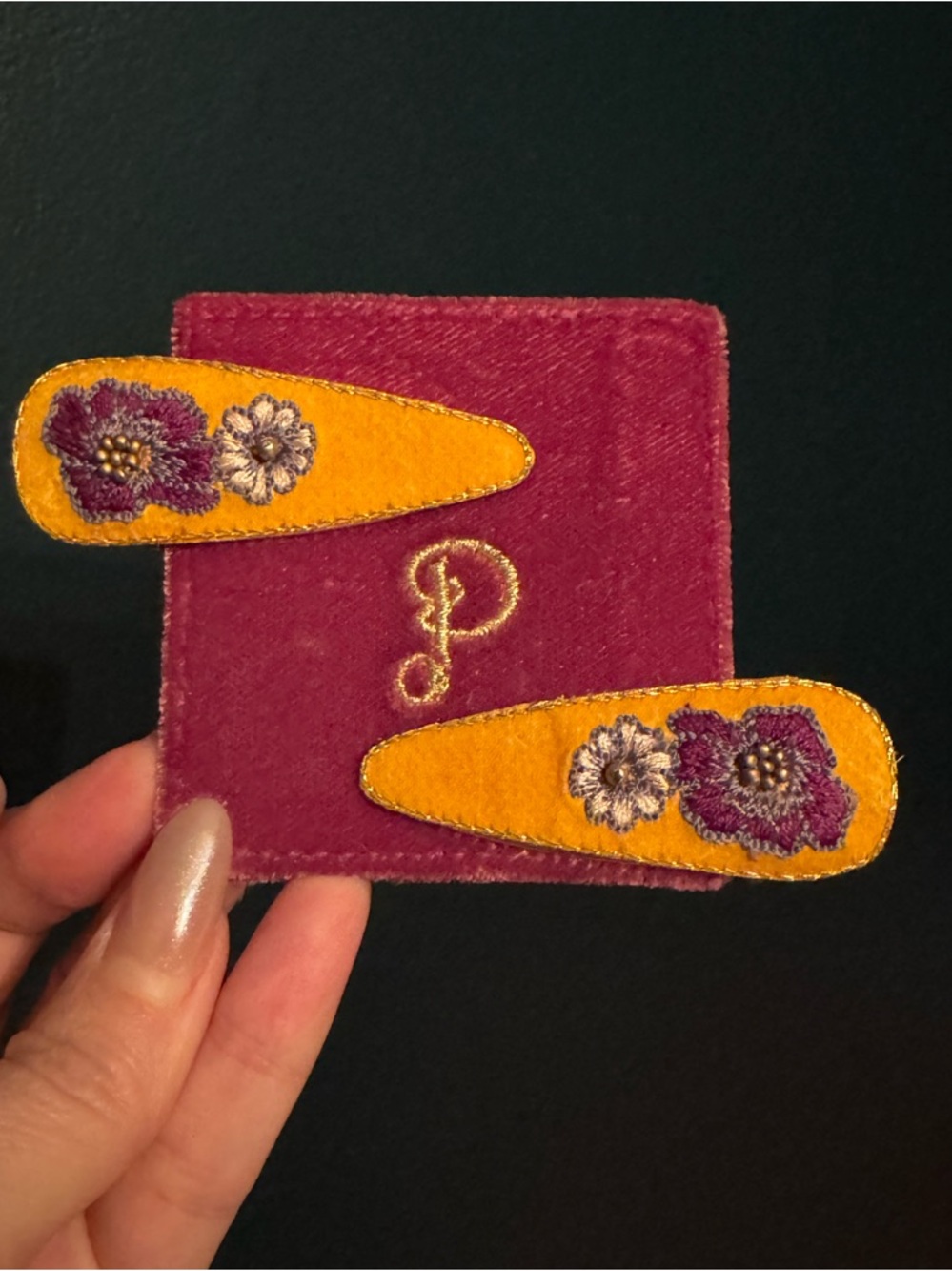Velvet Purple and Mustard Embroidered Floral Hair Clips